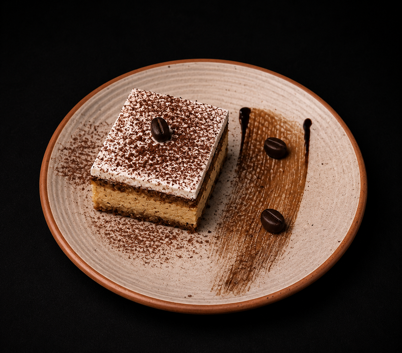 Classic Tiramisu with cocoa dust and coffee beans